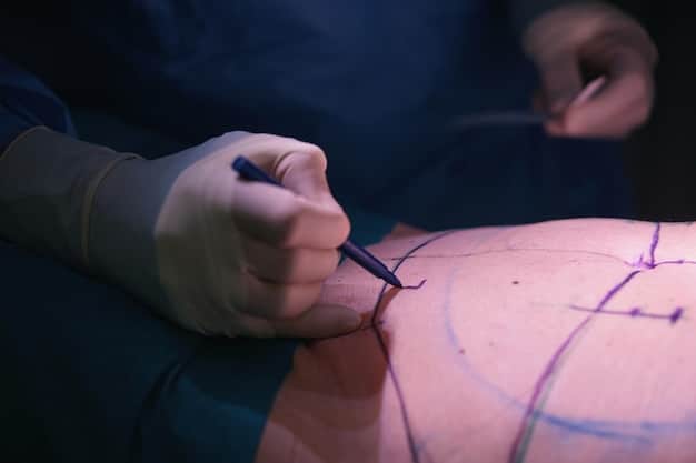 A close-up photo illustrating the markings made by a surgeon on a patient's arm before an arm lift procedure, showing the planned incision lines.