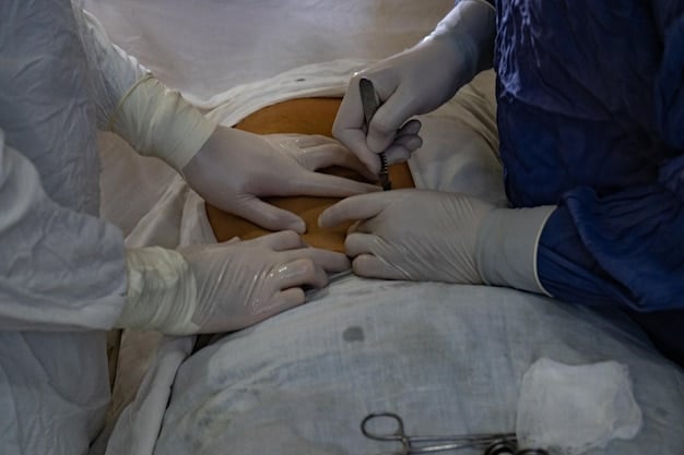 A surgical team performing a tummy tuck procedure in an operating room. The image focuses on the surgeon meticulously closing the incisions with sutures.