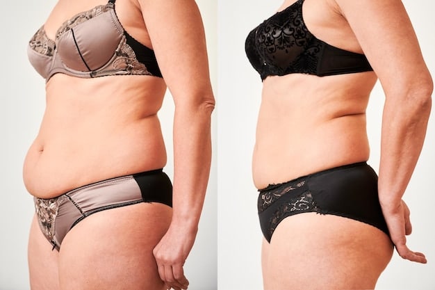 A before-and-after picture showing the dramatic results of a tummy tuck procedure in a mommy makeover. The before picture shows a stretched abdomen with loose skin, while the after picture shows a flat and toned abdomen.