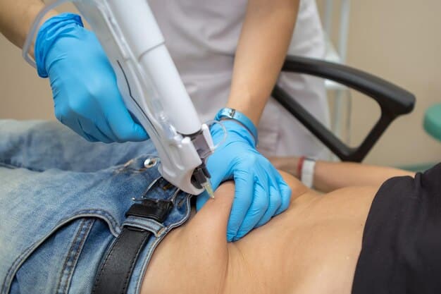A surgeon performing laser liposuction on a patient's thigh. The laser device is visible, and the surgeon is carefully guiding the laser fiber under the skin.