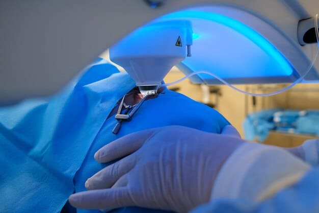 A close-up shot of a surgeon using precise laser technology to resurface and reduce the appearance of a surgical scar on a patient's arm. The laser beam is focused on the scar tissue, and the surrounding skin is protected.