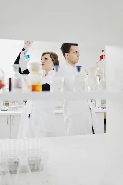 A lab scene with scientists working with test tubes and lab equipment, symbolizing the ongoing research into anti-aging supplements like NMN and Resveratrol.