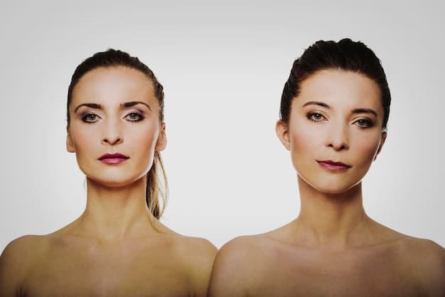 A before-and-after picture of a woman's face, showing a slight reduction in fine lines after using collagen supplements. The lighting is consistent in both photos, and the focus is on the subtle changes in skin texture.