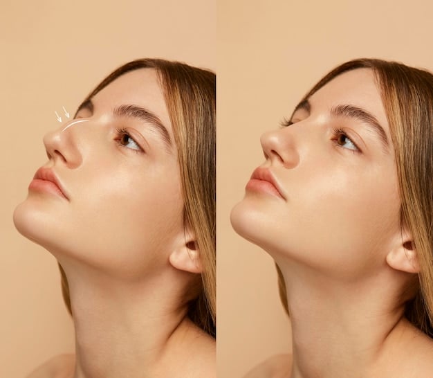 Before-and-after comparison of a woman's skin, showing subtle improvements in skin elasticity and hydration after using hyaluronic acid supplements.