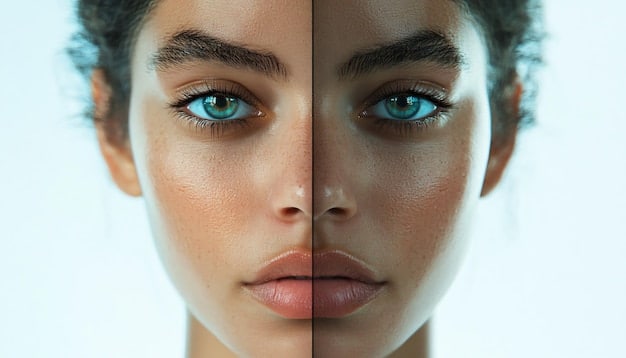 A split-screen comparison showing a close-up of skin before and after collagen supplementation. The 
