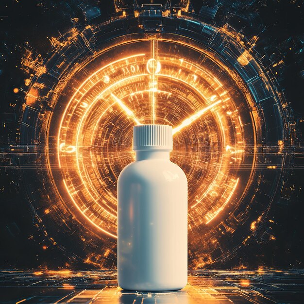 A digitally manipulated image showing an anti-aging supplement bottle with exaggerated marketing claims like 