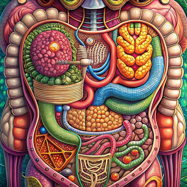 A detailed illustration of the human digestive system, highlighting the gut microbiome and its diverse range of bacterial species. The image shows a close-up of the gut lining with both beneficial and harmful bacteria interacting. Arrows indicate the flow of nutrients and metabolites, emphasizing the interconnectedness of the digestive system with the rest of the body.