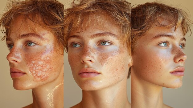 A collage showing different skin types: oily (shiny), dry (flaky), combination (oily T-zone), and sensitive (redness). Each image labeled clearly.