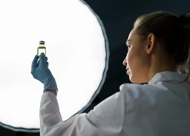 A detailed laboratory scene showing a scientist carefully extracting retinol from a plant source, highlighting the scientific process behind creating effective anti-aging creams.