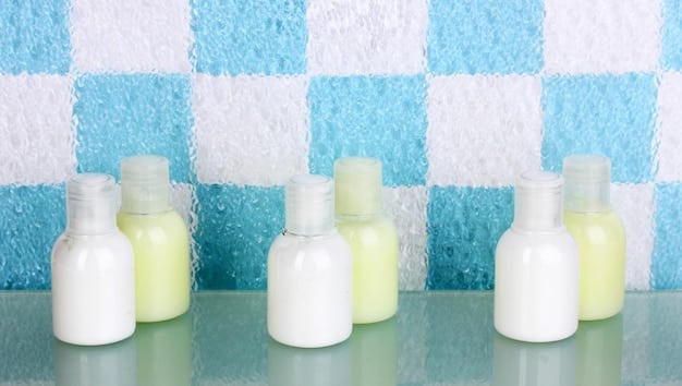A close-up of various types of men's cleansers (foaming, gel, cream) displayed neatly on a shelf in a bathroom. The lighting should be soft to highlight the textures of the products.