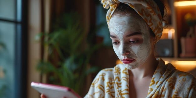 A close-up shot of a woman applying a creamy, homemade face mask to her face with a soft brush in a brightly lit bathroom setting.
