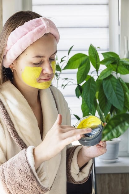 A woman with oily skin applying the lemon and oatmeal mask to her face in a well-lit bathroom.