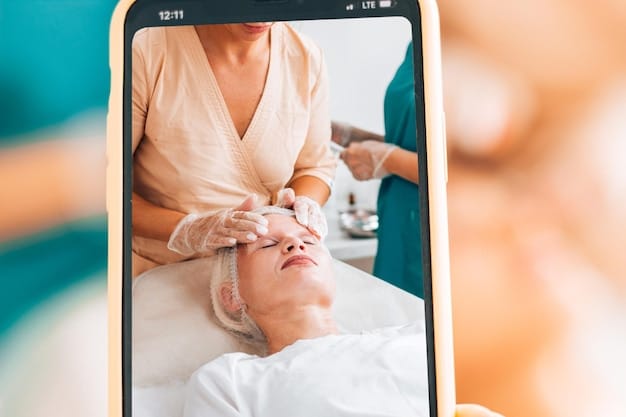 A dermatologist uses a tablet to show a patient a 3D facial scan, highlighting areas for potential hyaluronic acid filler treatment for volume restoration and contouring.