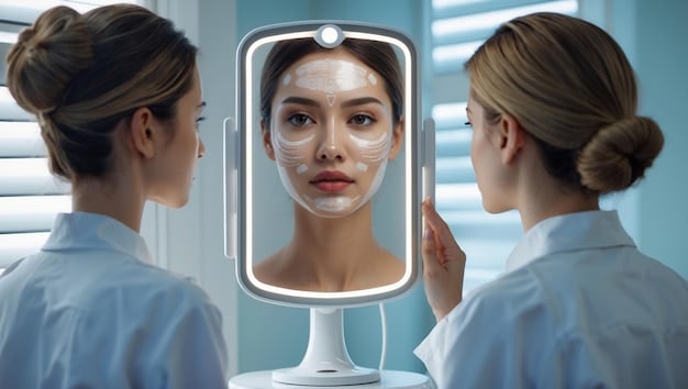 A dermatologist consulting with a patient in a modern clinic, pointing to a 3D digital scan of the patient's face showing improved skin texture after advanced chemical peel treatments.