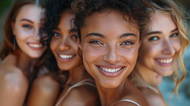 A diverse group of people showcasing radiant, healthy skin in natural light, implying the rejuvenating effects of consistent skincare and microneedling maintenance, happy and confident expressions