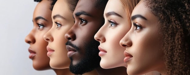 A diverse group of people's facial profiles side-by-side, showcasing various nose shapes and facial structures, implying a discussion on facial harmony.