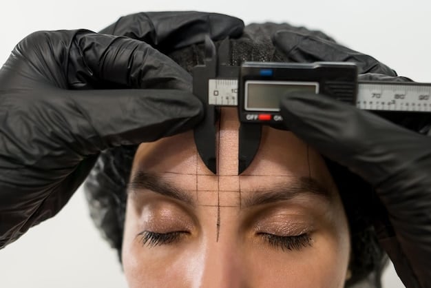 A detailed diagram showing the endoscopic brow lift procedure with small incisions within the hairline and surgical tools.
