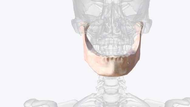 A detailed medical illustration showing a chin implant being surgically placed on the jawbone, with clear anatomical labels. The image should be highly technical yet easy to understand, rendered in a clean, professional style.