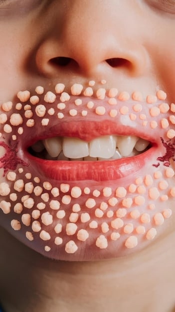 A close-up illustration of various lip injection points and patterns, showing dotted lines and small circles indicating micro-droplet technique for precision and natural augmentation.