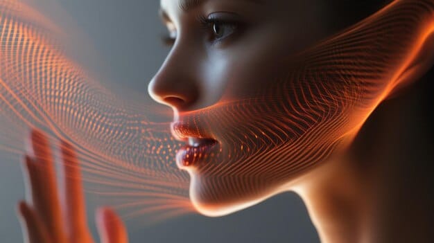 A futuristic rendering of facial scanning technology analyzing lip contours and ideal volume, depicting the integration of AI and personalized medicine in aesthetic treatments.