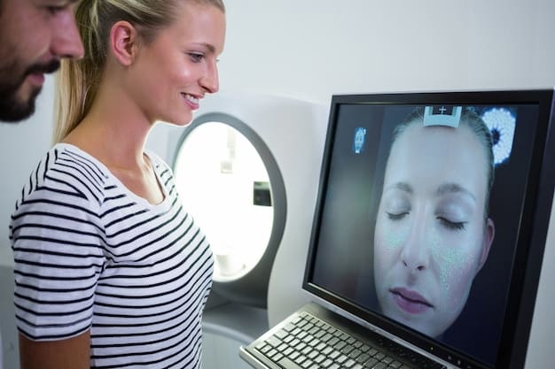 A dermatologist uses a 3D imaging device to scan a patient's face, with a detailed digital rendering of facial contours and a scar displayed on a screen.