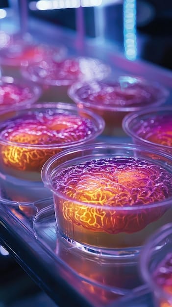 A futuristic lab setting with scientists using advanced microscopes and glowing petri dishes, symbolizing stem cell research and regenerative medicine for skin.