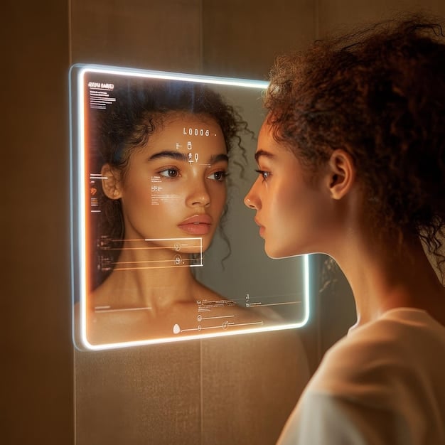 A woman looking at her reflection in a smart mirror that displays real-time skin analysis and personalized skincare recommendations, illustrating the integration of technology and daily aesthetic routines.