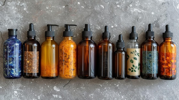 A close-up of different skincare bottles with labels like 