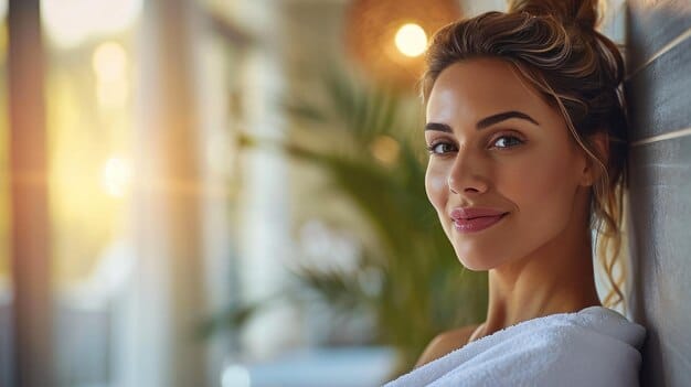 A serene woman with glowing, clear skin smiling gently, looking confidently into the distance, representing the successful long-term results of excellent post-procedure care.