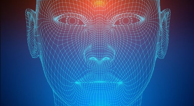 A digital render of a human face on a computer screen with overlaid geometric grids and lines, demonstrating 3D imaging and AI analysis for facial asymmetry correction.