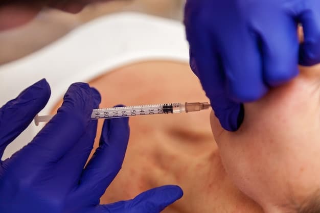 A close-up of a patient's forehead showing delicate dissolvable threads being expertly inserted by a dermatologist using a fine needle, demonstrating the precision of a thread lift for brow elevation.