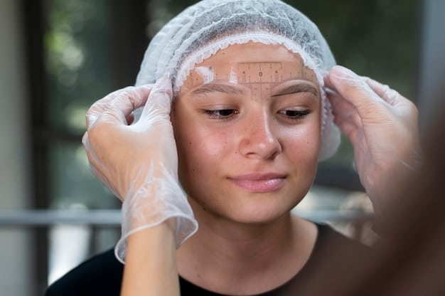 A plastic surgeon meticulously marking a patient's forehead before a surgical brow lift, highlighting the precision and planning involved in achieving an optimal aesthetic outcome.