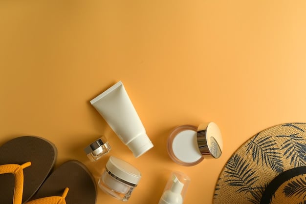 A detailed flat lay of various high-quality skincare products including a broad-spectrum sunscreen, a gentle cleanser, a rich moisturizer, and a collagen-boosting serum, arranged neatly on a light-colored surface.