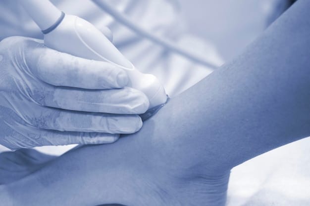 A close-up of a plastic surgeon's hands gently examining the upper arm of a patient during a consultation, discussing skin laxity and potential surgical approaches for an arm lift.