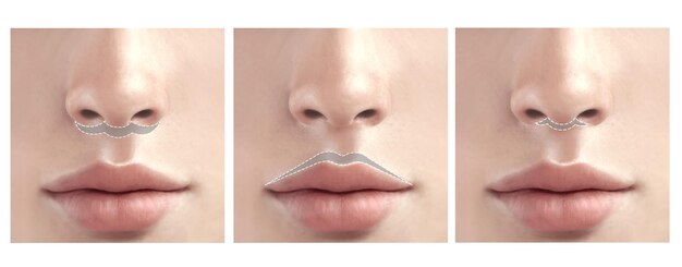 Detailed illustration showing lip lift incision points under the nose and the upward movement of the upper lip after skin removal, emphasizing precision.