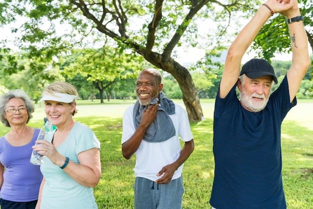 A diverse group of older adults exercising in a park, smiling and active, symbolizing the target demographic benefiting from anti-aging supplements and improved quality of life.