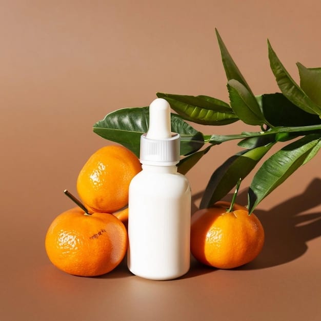 A minimalist bottle of Timeless 20% Vitamin C + E Ferulic Acid Serum sitting on a white vanity with sunlight streaming in, some generic fruit-based anti-aging supplement capsules scattered beside it.