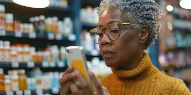 A diverse group of people, aged 30-65, examining various collagen supplement products on a store shelf, some reading labels carefully, others looking at their phones for reviews.