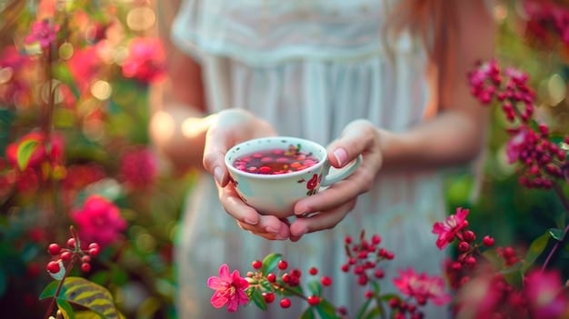 A woman comfortably holding a cup of herbal tea, surrounded by various natural ingredients like ginger, berries, and herbs, representing holistic wellness and natural remedies for menopausal symptoms.