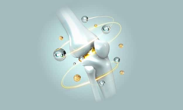 A close-up illustration of a healthy knee joint, with cartilage clearly visible and an arrow pointing to the benefits of collagen intake. Surrounding this are stylized images of collagen peptides.