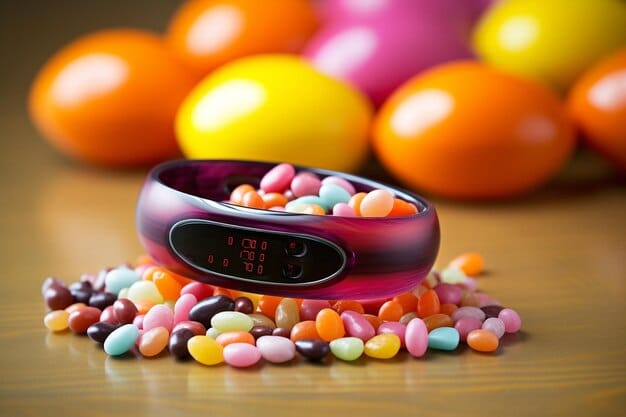 A sleep tracker on a wrist next to a collection of colorful capsules and pills, with a blurred background of a laboratory or study environment, emphasizing the blend of technology and supplementation.