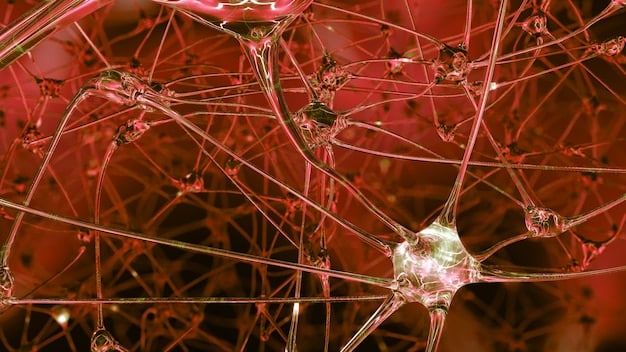 A macro shot of a complex neural network, with some areas showing signs of repair and rejuvenation due to the effects of anti-inflammatory and antioxidant molecules represented as glowing particles.