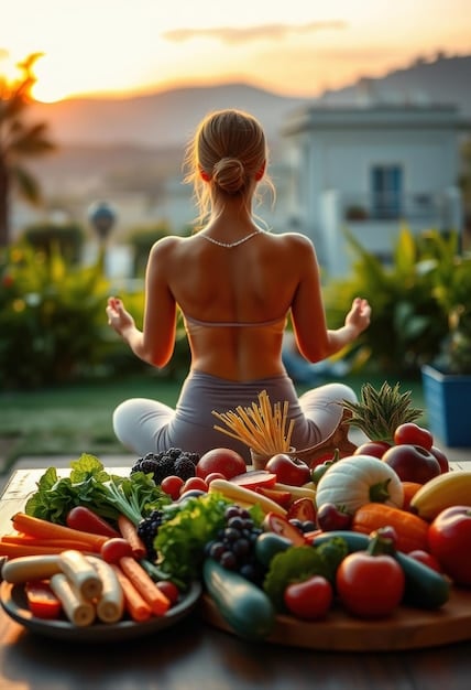 A balanced image showing a person meditating, eating healthy food, and exercising, symbolizing holistic anti-aging strategies. Bright, serene, and active.