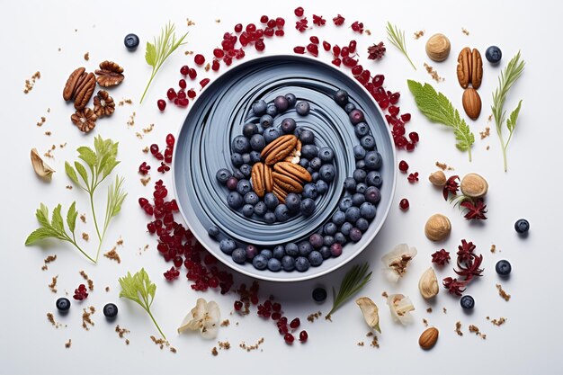 A close-up of various vibrant superfoods like blueberries, kale, walnuts, and avocado artfully arranged on a white background, symbolizing a balanced anti-aging diet.