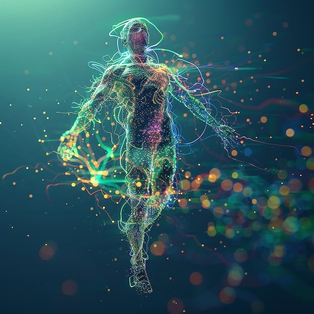 An artistic rendering of cellular rejuvenation, with energized cells glowing within a balanced human body silhouette, implying the combined effects of healthy living.