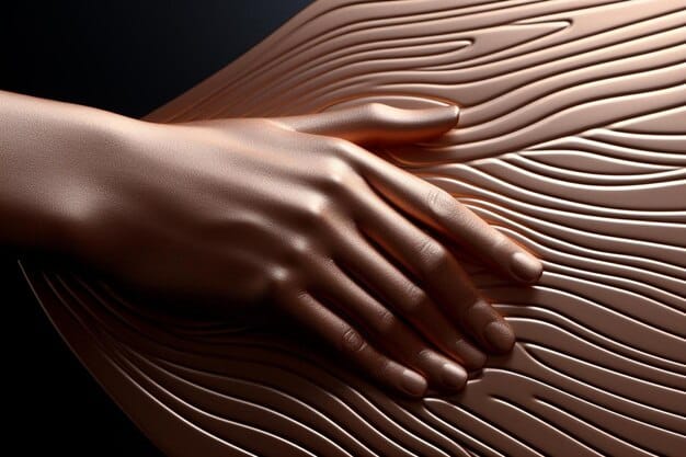 A close-up shot of a woman's hand gently touching her cheek, illustrating subtle fine lines and emphasizing the natural aging process while maintaining a soft, elegant aesthetic.