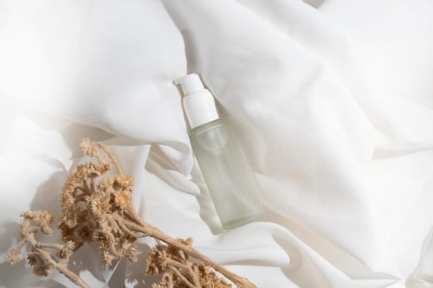 A minimalist flat lay of gentle, fragrance-free skincare products (cleanser, moisturizer, serum, SPF) on a soft linen fabric, conveying a sense of calm and purity.