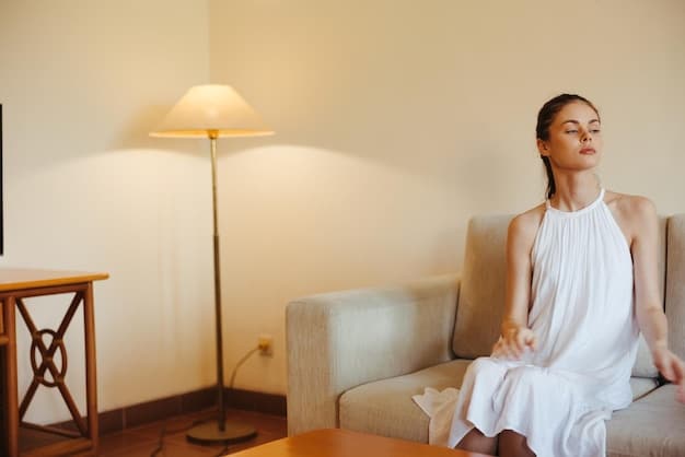 A person meditating peacefully in a soft, sunlit room, emphasizing the connection between mental well-being and skin health.
