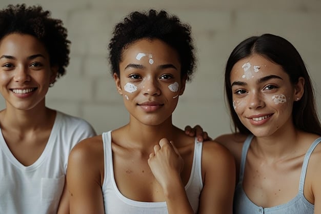 A diverse group of people applying different types of sunscreen (lotion, spray, stick) on their faces and bodies, suitable for various skin types.