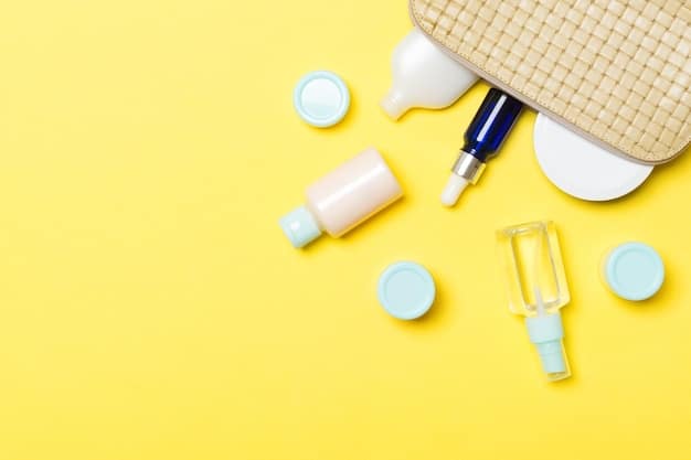 A detailed flat lay of various high-end skincare products, including a retinol serum, moisturizer, and sunscreen, arranged aesthetically on a smooth, white surface.